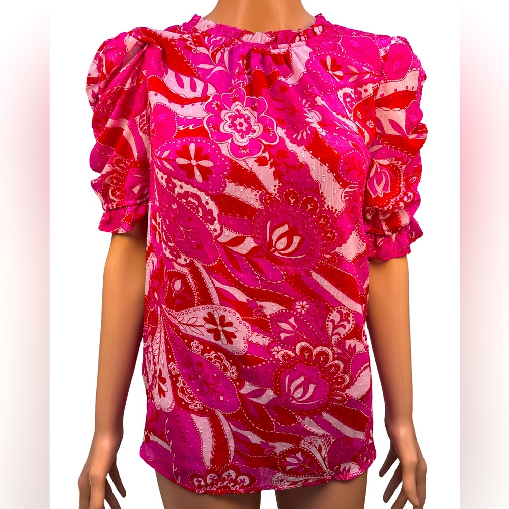 Rachel Zoe Vibrant Pink Floral Short Sleeve Blouse Large